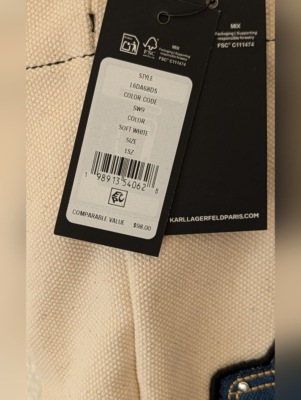 Karl Lagerfeld Soft White Canvas Tote with Black Tag - Picture 3 of 3